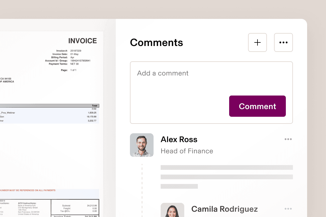 Invoice interface showing comments section with “Add a comment” field and purple Comment button, displaying team member profiles.