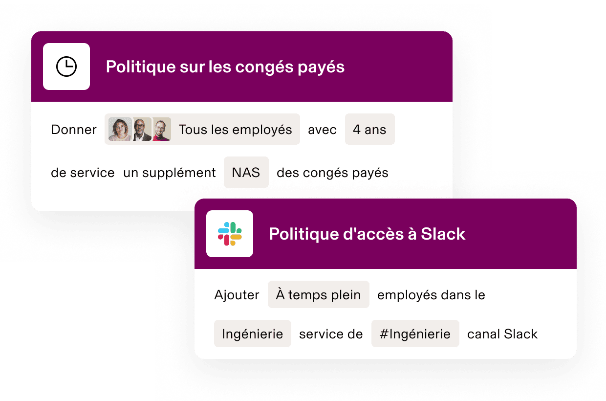 Interface de la politique des RH présentant la politique des congés rémunérés pour les employés dont la durée d’emploi est de 4 ans et la politique d’accès à Slack pour le service Ingénierie.