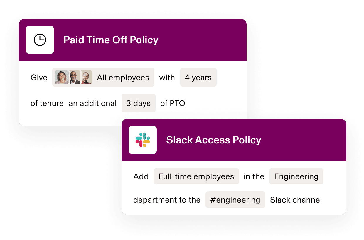 HR policy interface showing Leave Entitlement policy for employees with 4 years tenure and Slack access policy for Engineering department.