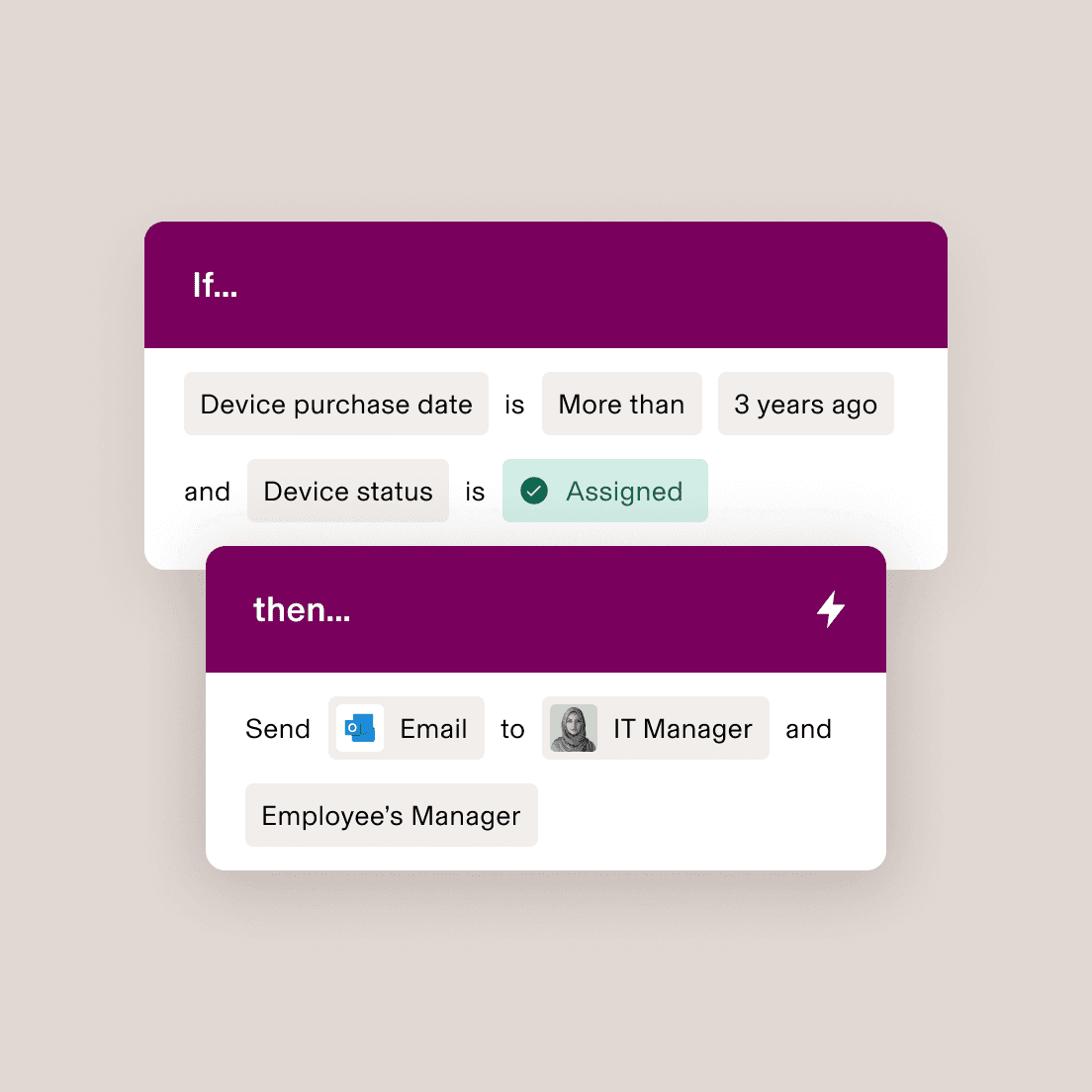 Automatisierungs-Workflow mit der Bedingung, dass IT-Manager und Vorgesetzte eine E-Mail erhalten, wenn zugewiesene Geräte älter als drei Jahre sind.
