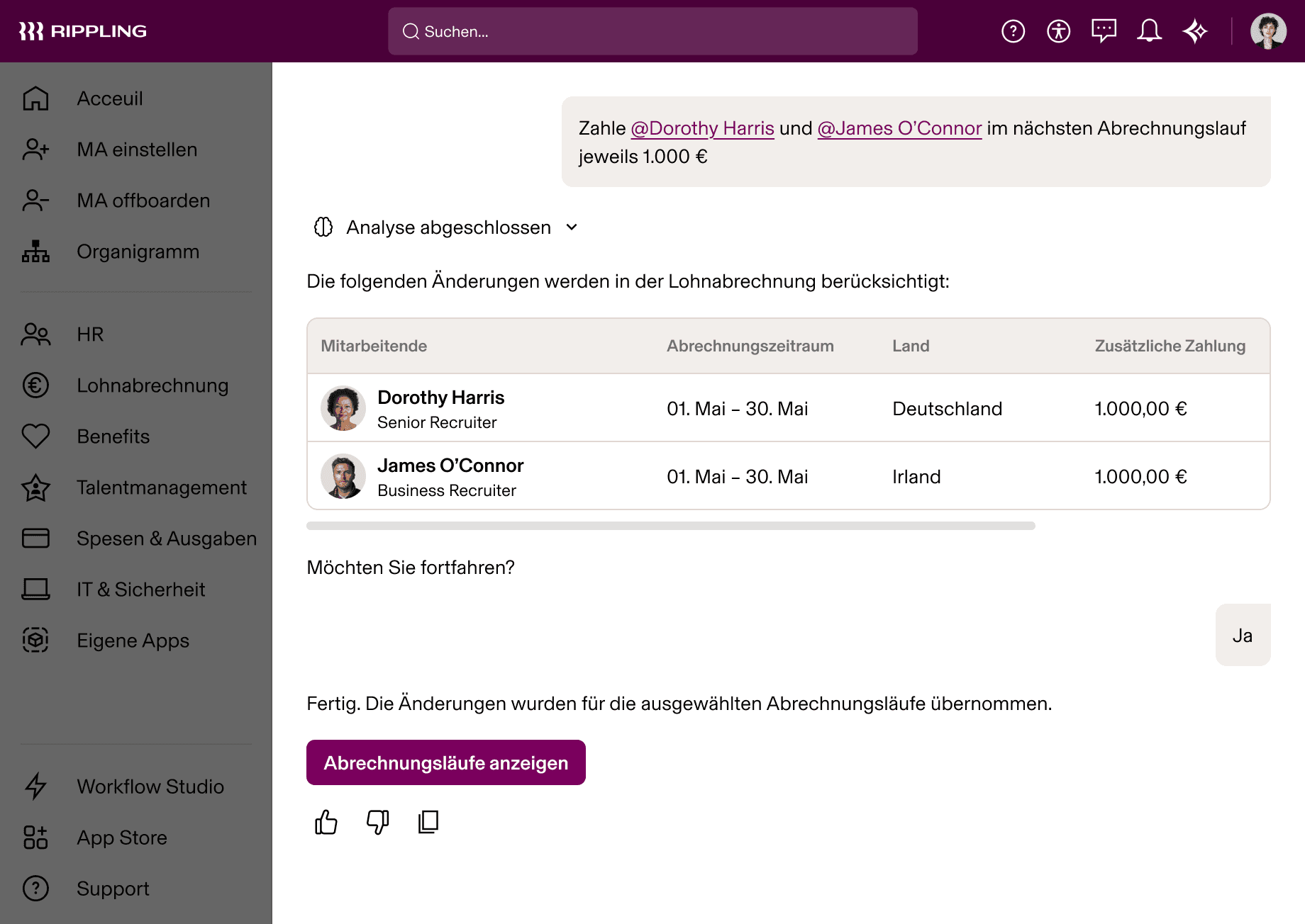 Rippling AI mit Gehaltsänderungen für zwei Recruiter, Dorothy Harris und James O‘Connor, für den Monat Mai