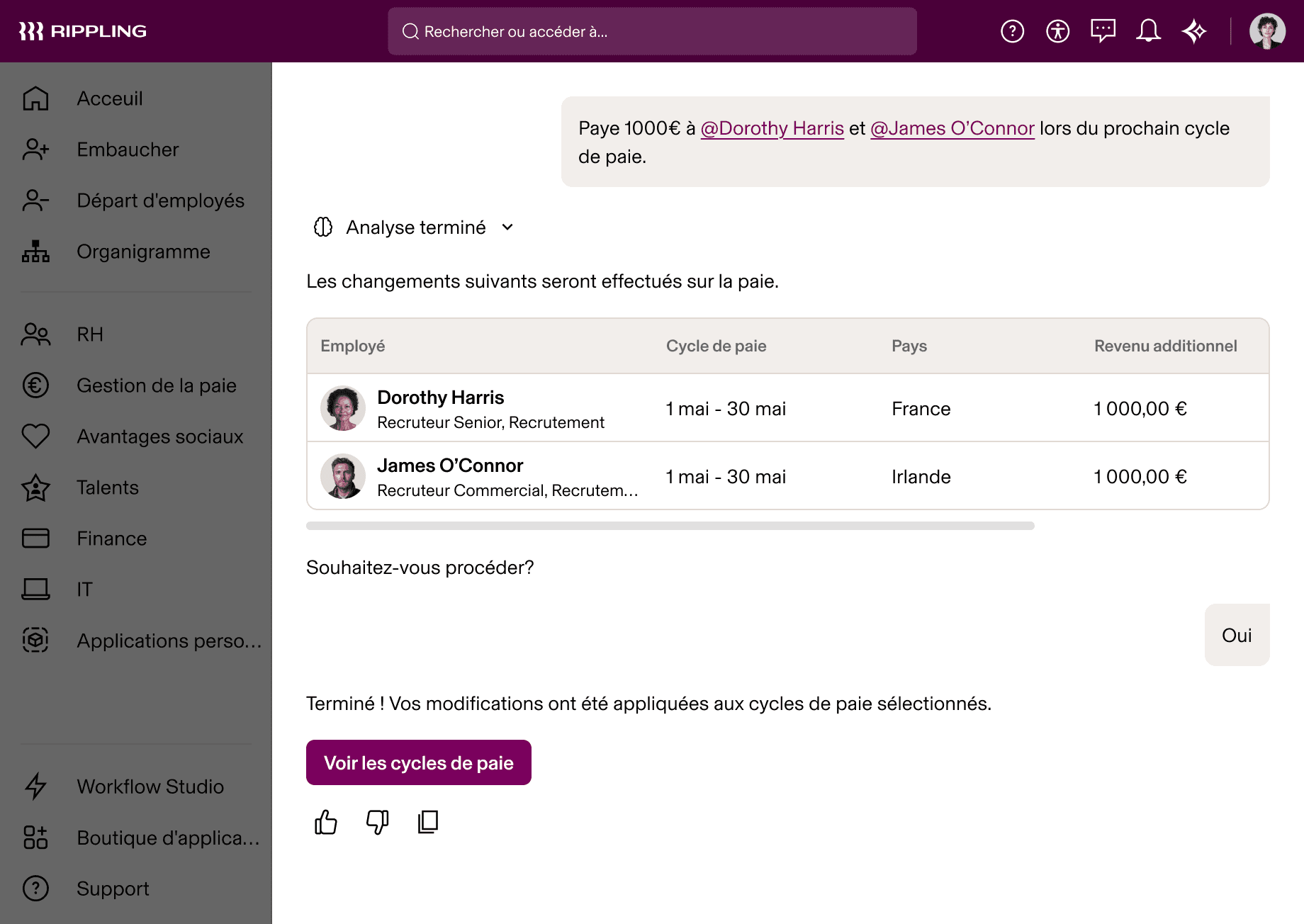 Rippling AI présente les modifications apportées à la gestion de la paie aux deux recruteurs Dorothy Harris et James O’Connor, pour la période de paie de mai