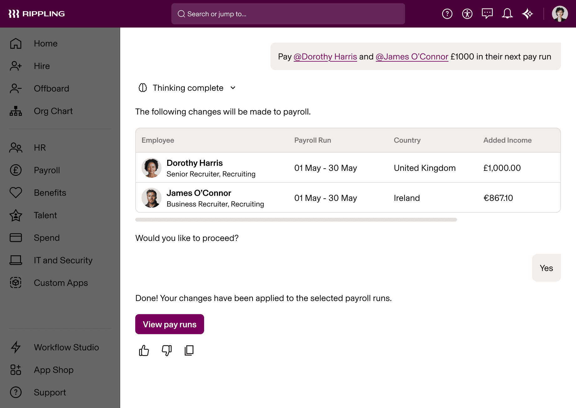 Rippling AI showing payroll changes for two recruiters, Dorothy Harris and James O’Connor, for the May pay period