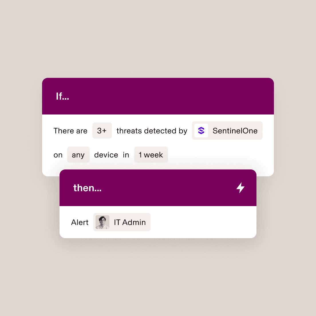 Automatisierter Sicherheits-Workflow mit der Bedingung, dass der IT-Admin benachrichtigt wird, wenn SentinelOne innerhalb einer Woche auf einem mehr als drei Bedrohungen entdeckt.