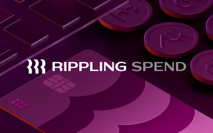 Rippling Spend logo on top of a background depicting a corporate card and three coins