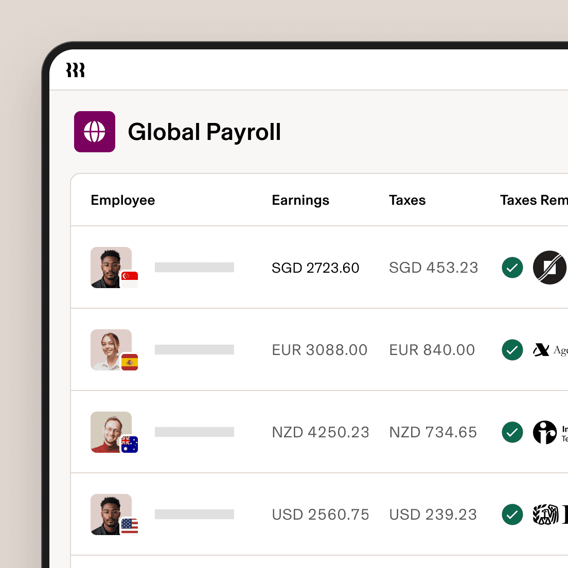 Tableau de bord du service de la paie international indiquant les revenus des employés, les impôts et le statut des versements fiscaux pour Singapour, l’Espagne et l’Australie.