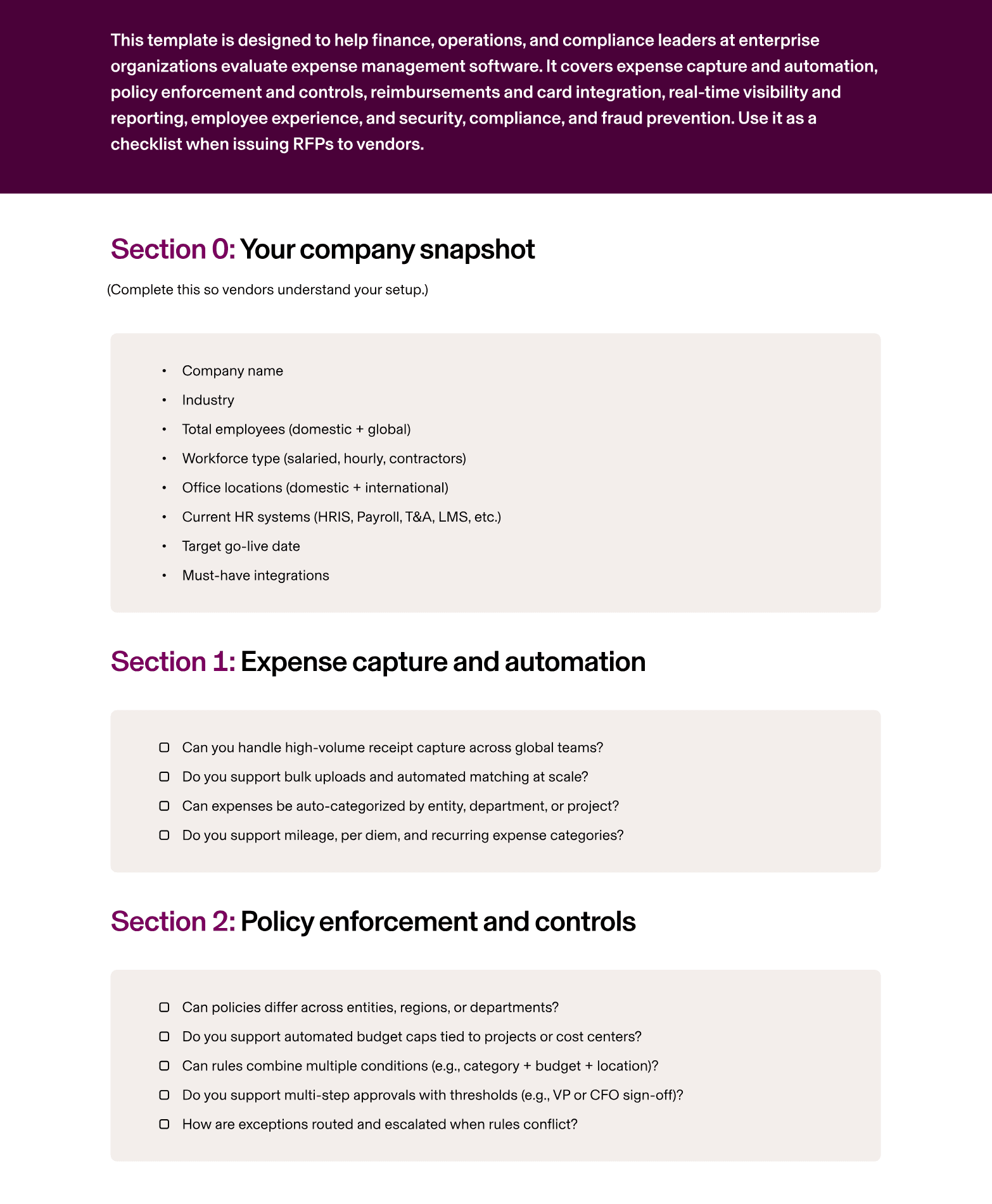 Preview of Rippling's Expense Management Software RFP Template for Enterprises template.