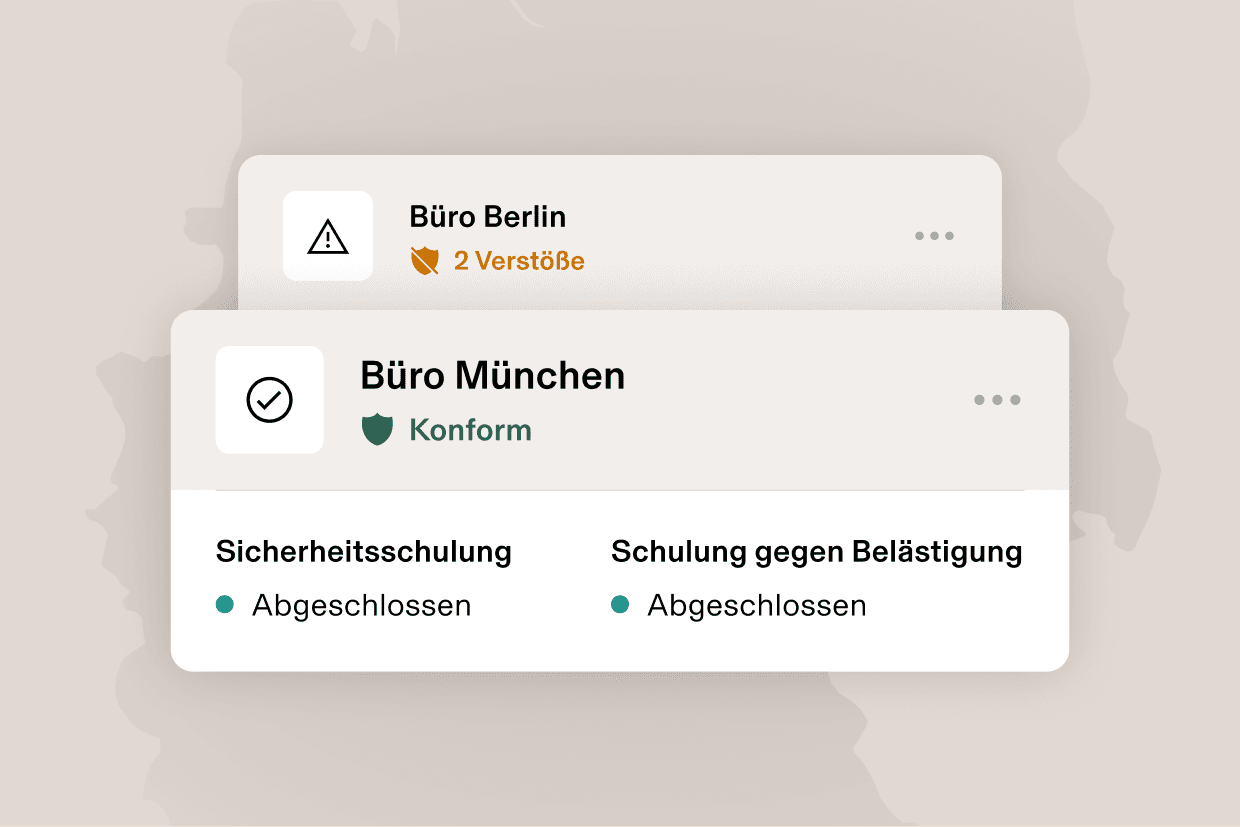 Grafische Darstellung einer Karte für Orlando, Florida, die „2 Verstöße“ anzeigt, sowie eine Karte für Los Angeles, Kalifornien, die „Konform“ anzeigt, weil alle Schulungen absolviert wurden