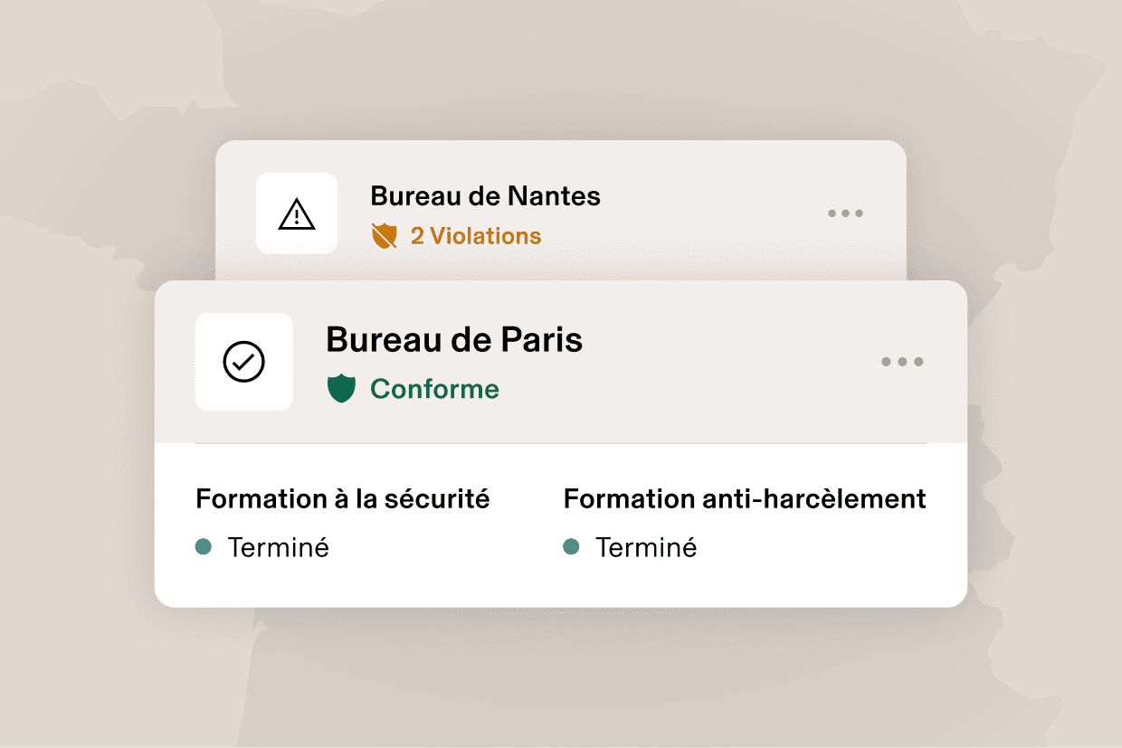 Illustration d’une carte indiquant « Orlando, FL » avec « 2 violations » et d’une carte indiquant « Los Angeles, CA » et « Compliant » (Conforme) pour le suivi des formations