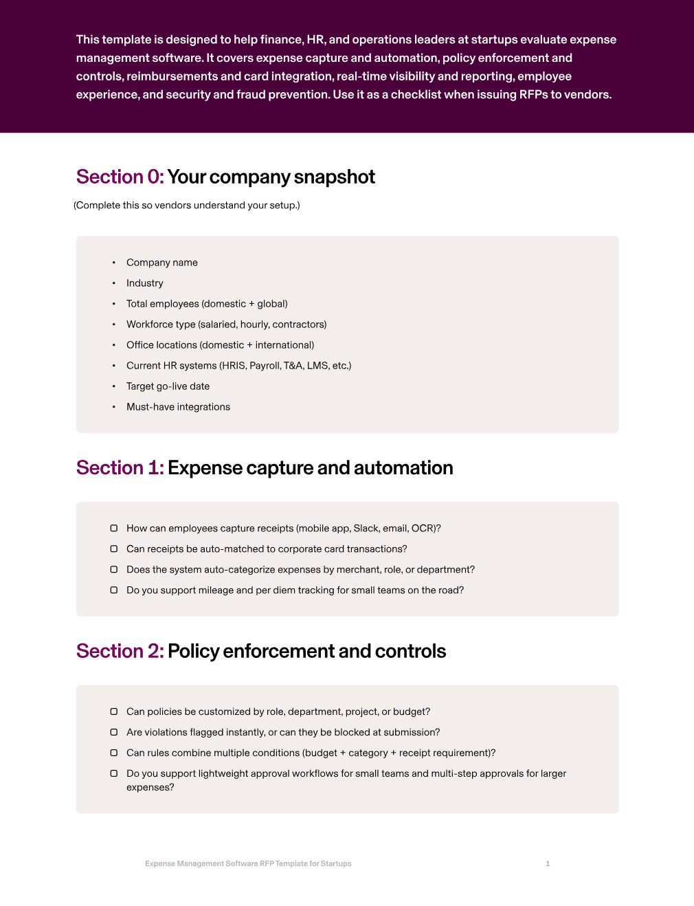 Expense Management Software RFP for Startups