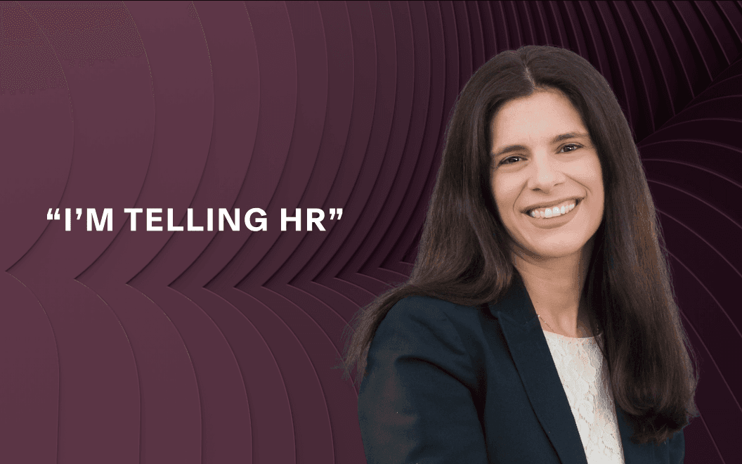 Headshot photograph of Jami Schultz from Canon USA with text that says "I'm Telling HR"
