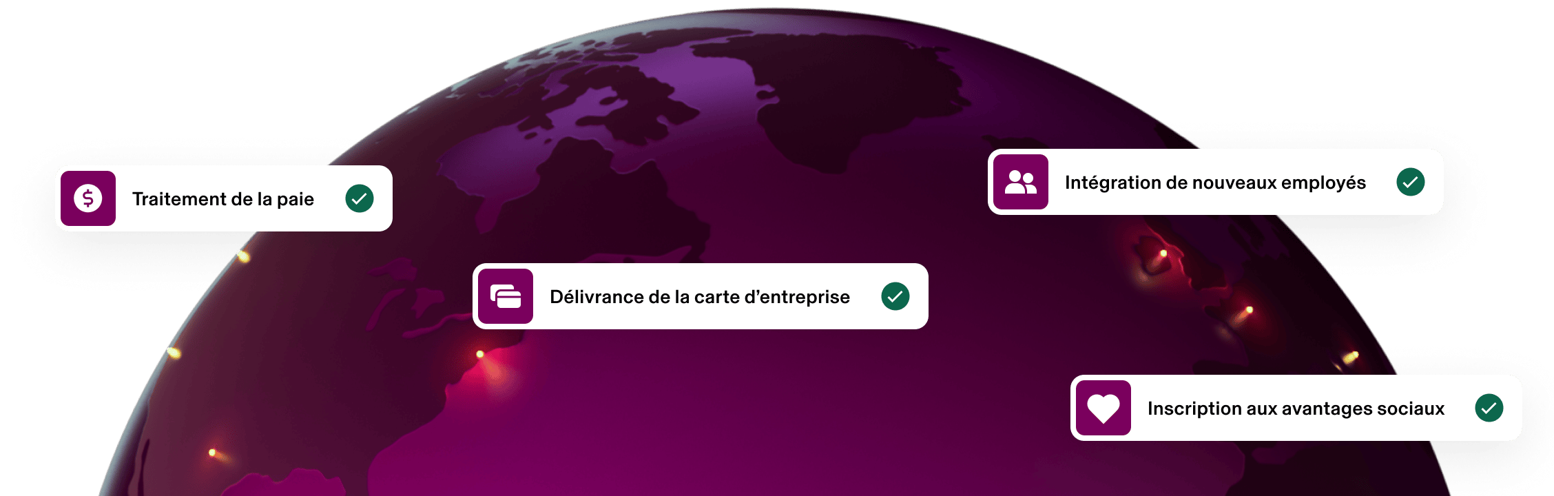 Globe illustré avec des étiquettes pour les processus RH et paie, incluant : le traitement de la paie, l’émission de cartes d’entreprise, l’inscription aux avantages sociaux et l’accueil et intégration des nouvelles embauches.