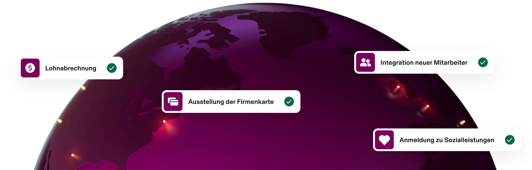 Globus mit den HR- und Payroll-Stickern „Verarbeiten der Payroll“, „Ausgabe der Firmenkreditkarte“, „Anmeldung für Benefits“ und „Onboarding des neu eingestellten Mitarbeiters“.