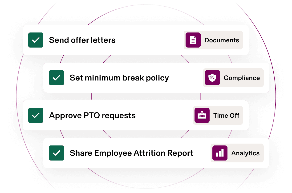 HR management interface showing four task options with checkmarks: offer letters, break policy, PTO requests, and attrition reports.