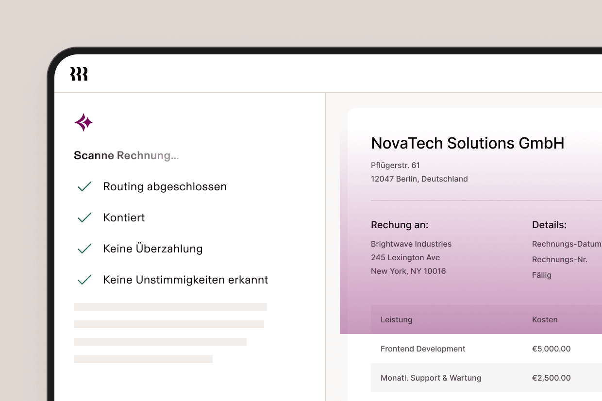 Screenshot of an invoice processing interface in Rippling showing automated checks completed—such as routing, coding, fraud detection, and overbilling review—alongside a sample invoice document
