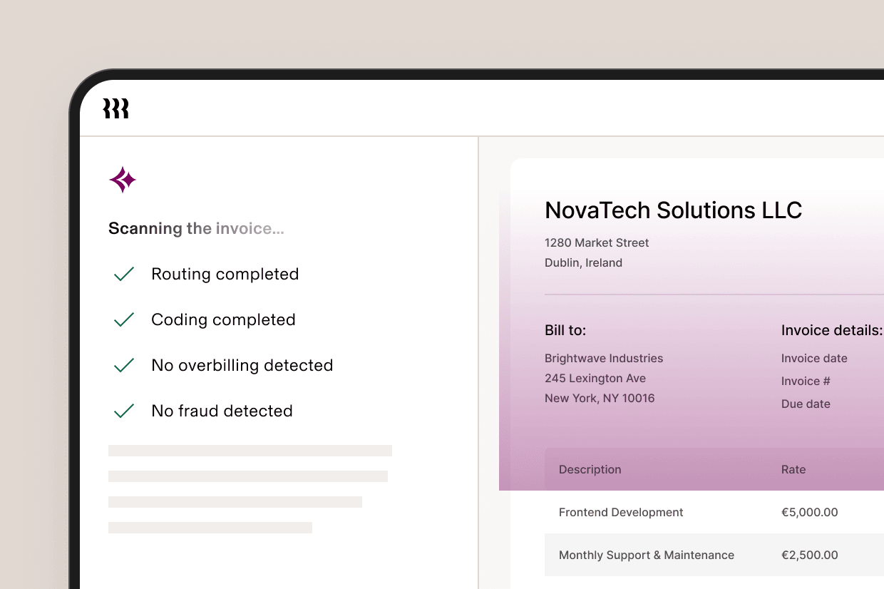 Screenshot of an invoice processing interface in Rippling showing automated checks completed—such as routing, coding, fraud detection, and overbilling review—alongside a sample invoice document