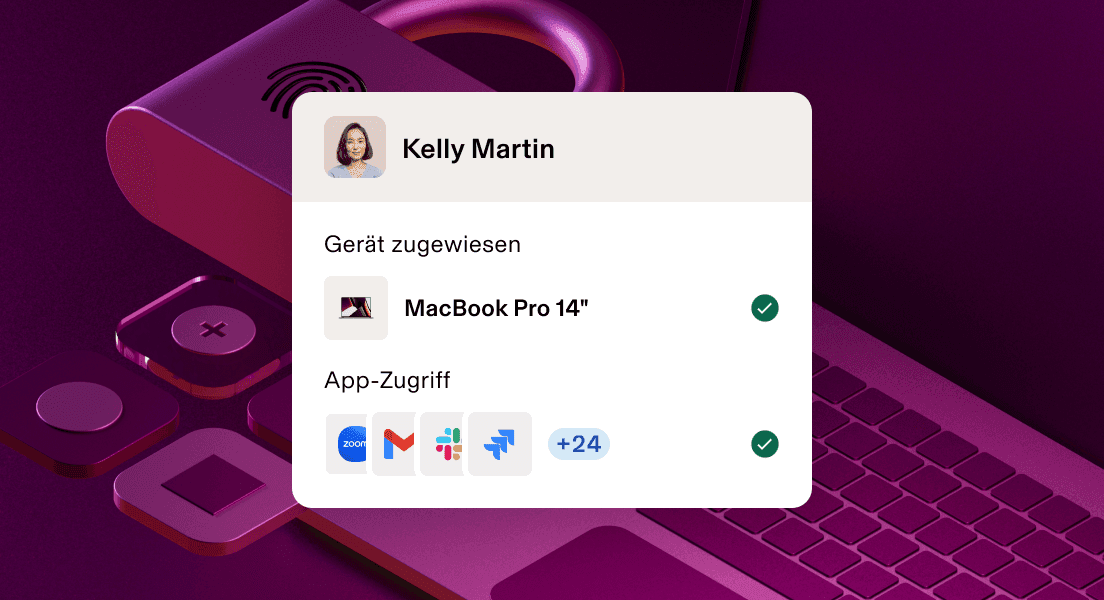 Benutzerprofil mit Zuweisung eines Macbook Pro und Anwendungszugriff auf Zoom, Gmail, Slack und Figma vor einem violetten Hintergrund.