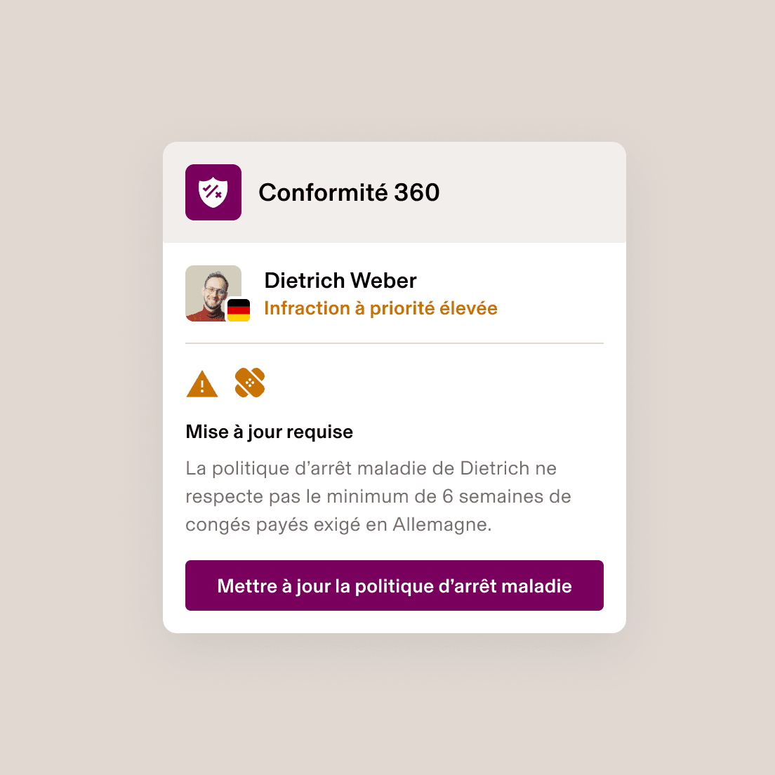 Compliance 360 alert showing a high-priority infraction for an insufficient sick leave policy in Germany, requiring an update.