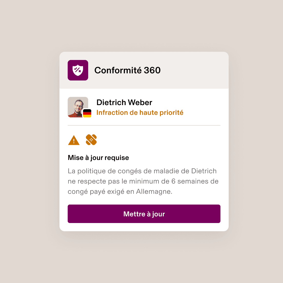 Alerte Compliance 360 signalant une infraction hautement prioritaire pour insuffisance de la politique en matière de congés de maladie en Allemagne, nécessitant une mise à jour.