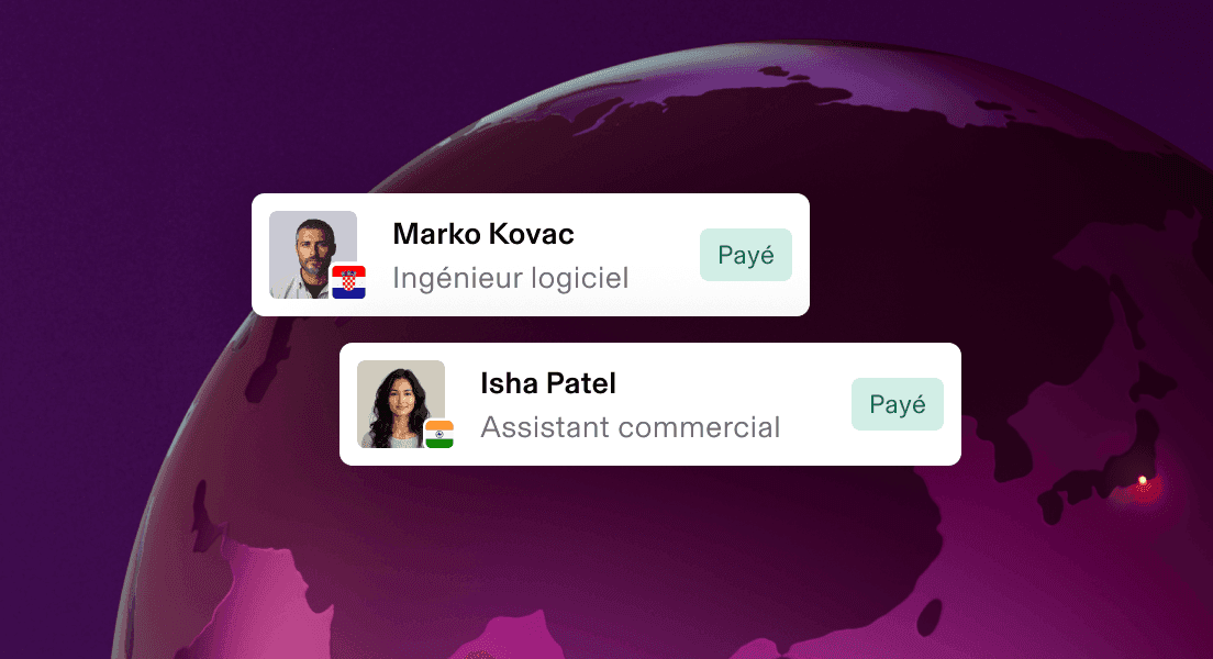 Cartes de profils d’utilisateurs avec deux membres de l’équipe qui ont été payés, leur intitulé de poste et le drapeau de leur pays affichés sur un fond bordeaux.