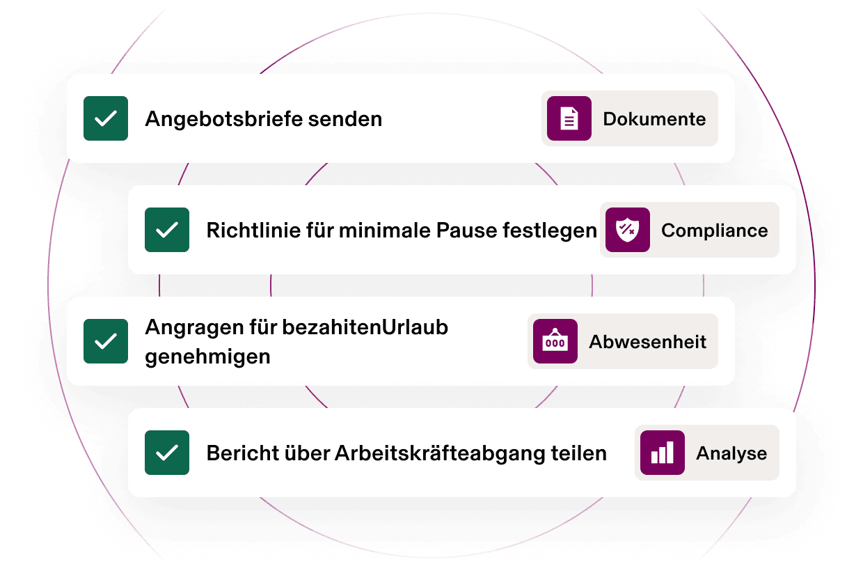 Image showing four completed HR tasks: Send offer letters (Documents), Set minimum break policy (Compliance 360), Approve Time Off requests (Time Off), and Share Employee Attrition Report (Analytics).