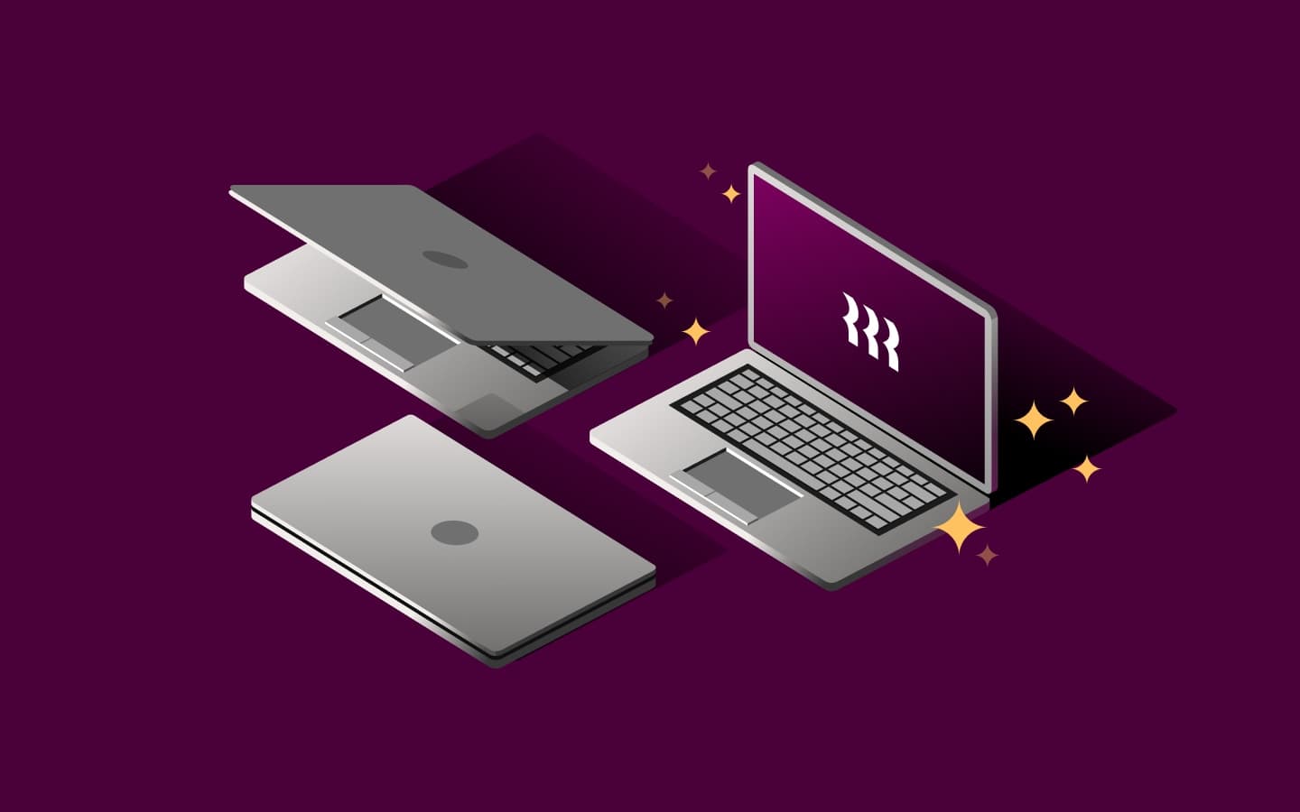 Three laptops in different stages of opening.