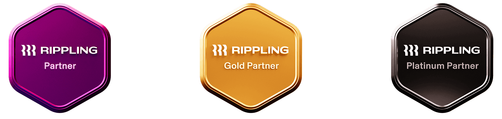 Three hexagonal Rippling partnership badges in purple, gold, and black, showing Partner, Gold Partner, and Platinum Partner levels.