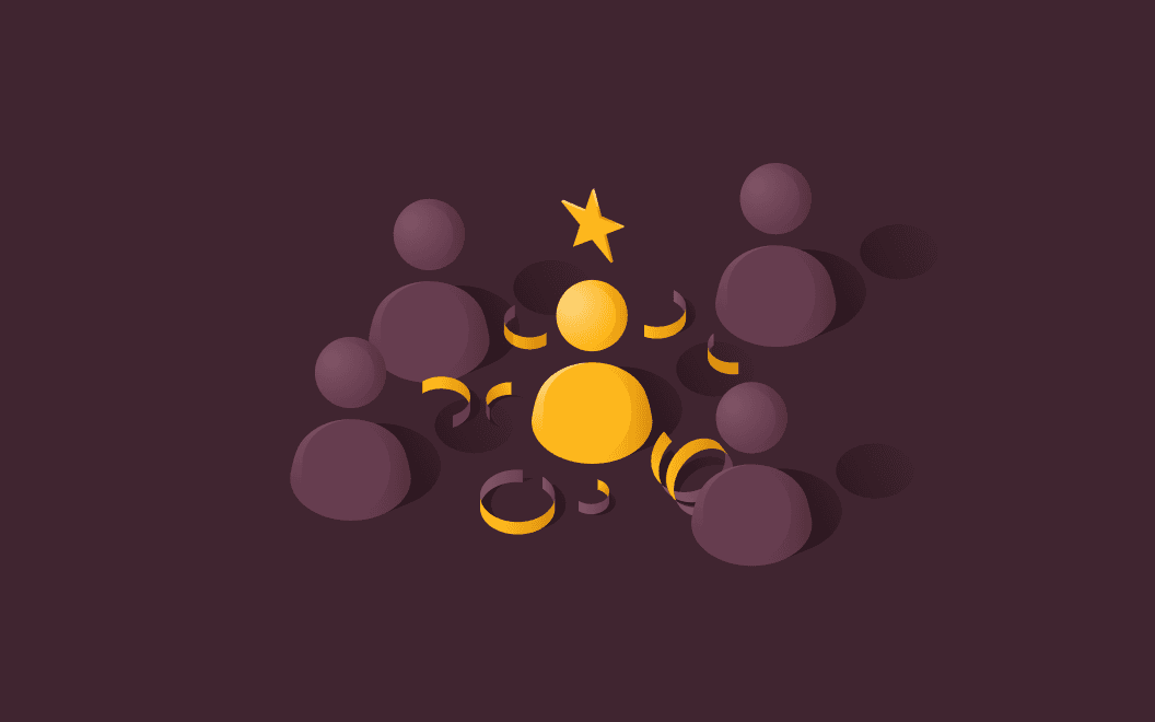 Abstract illustration of four people in a circle around one person with a star over their head