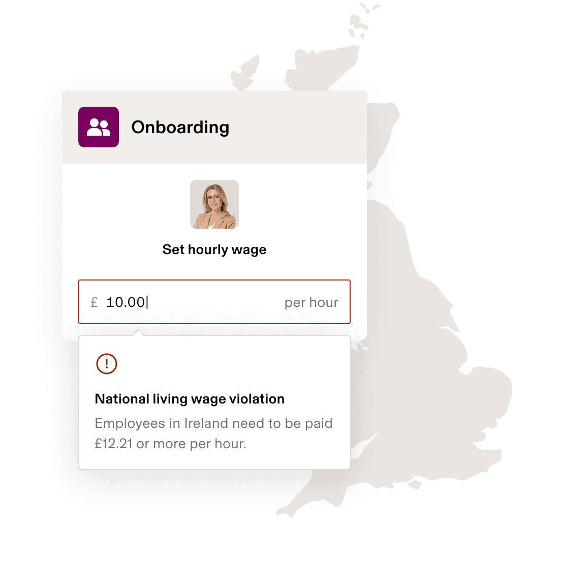 Screenshot of a minimum wage setting with a compliance warning in Rippling