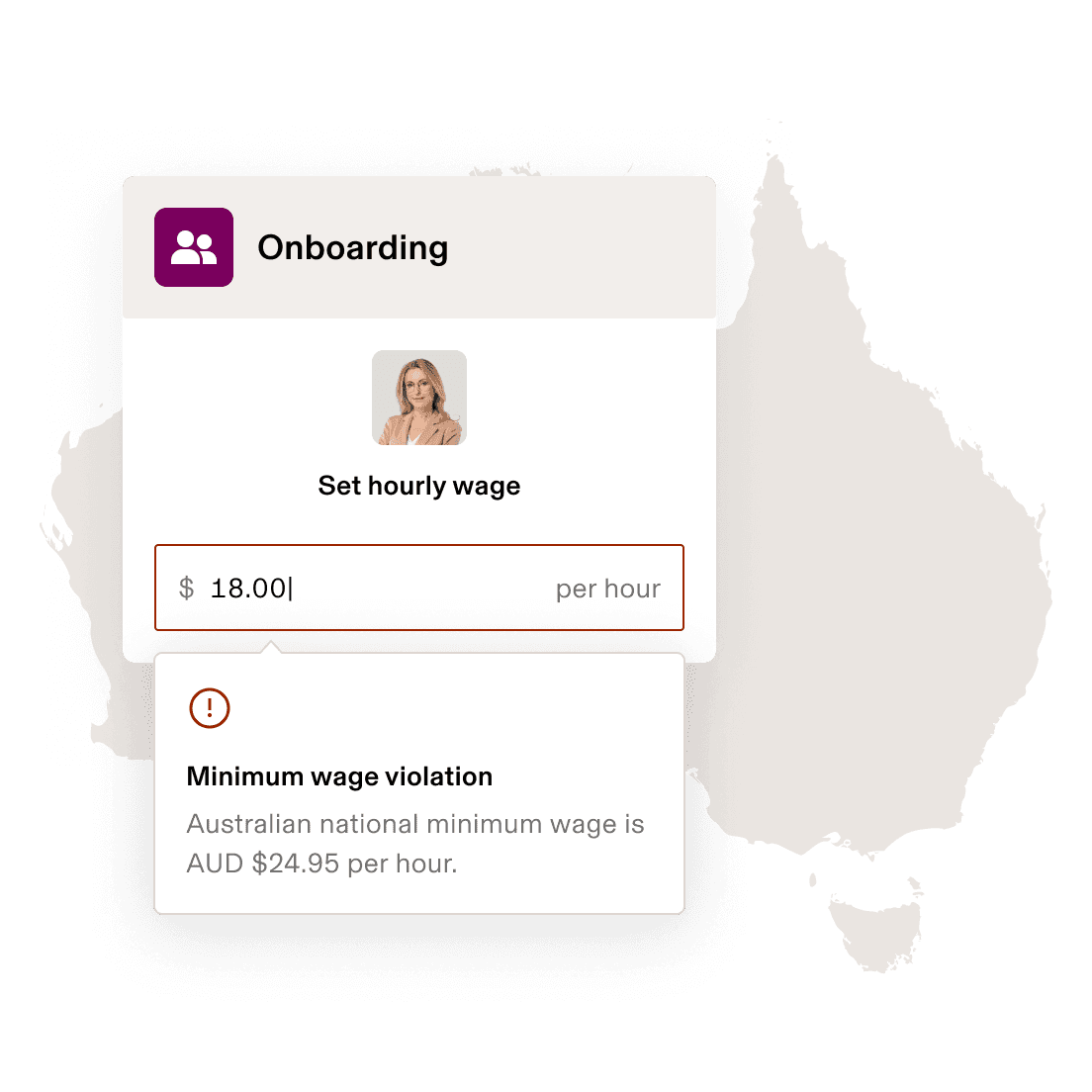 Screenshot of a minimum wage setting with a compliance warning in Rippling