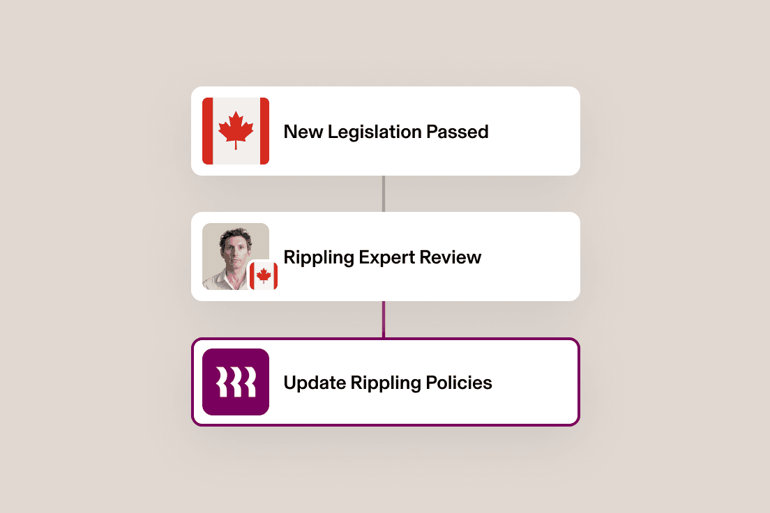 Organigramme illustrant le processus législatif canadien avec trois cases reliées : Nouvelle législation, Révision par un expert et Mise à jour des politiques.