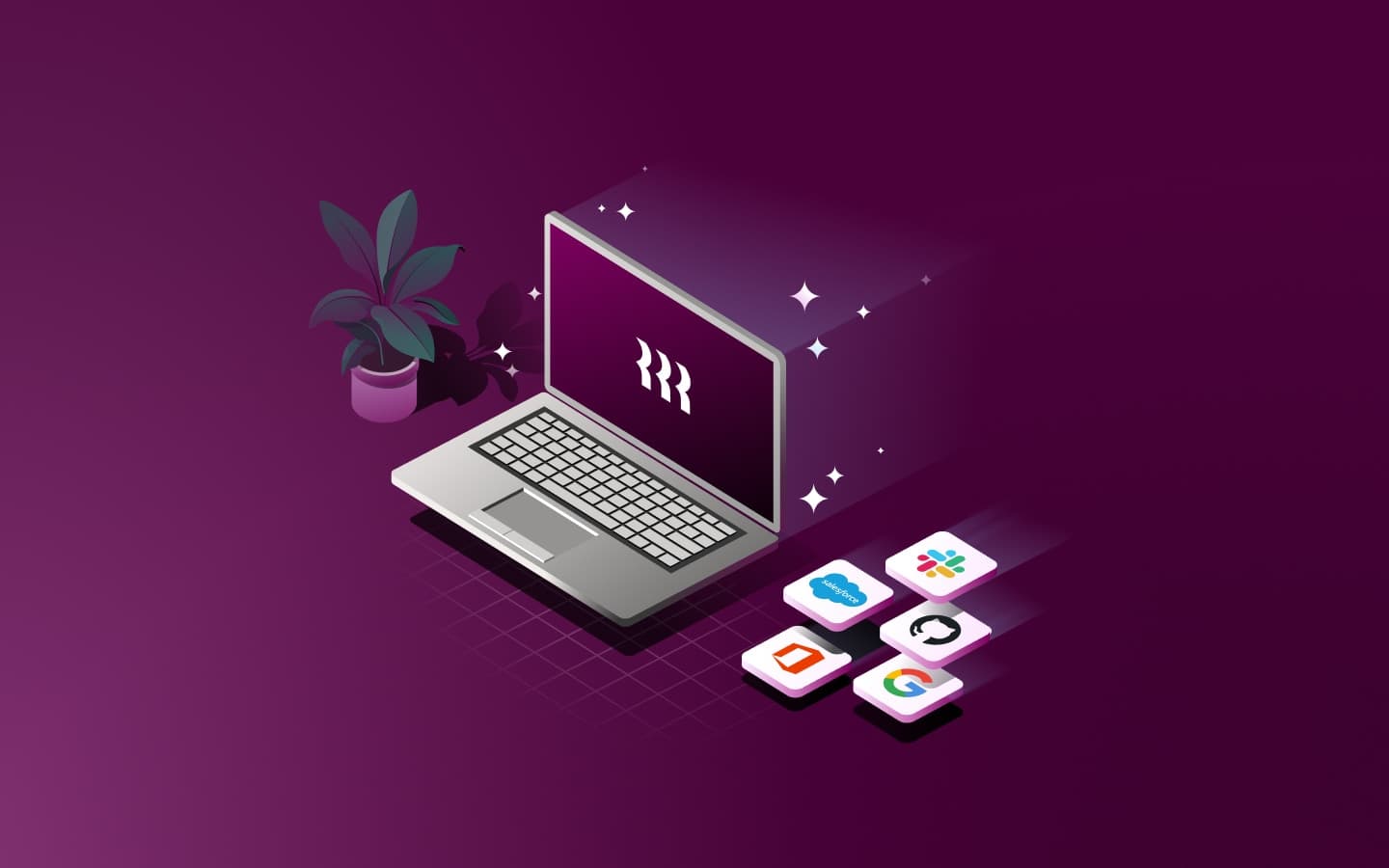 Isometric laptop with purple screen surrounded by app icons including Salesforce, Slack and Google on purple background.