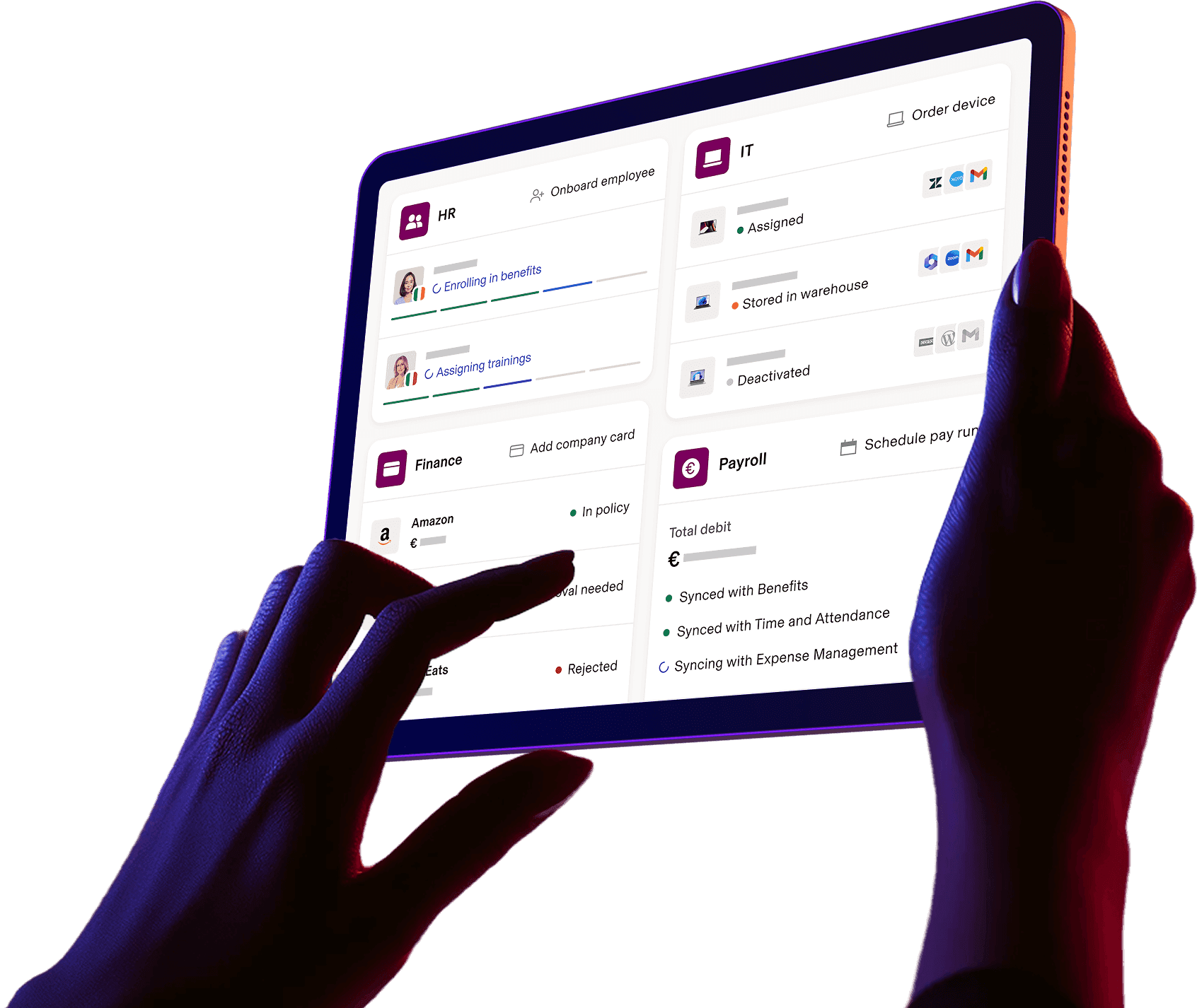 Photograph of a pair of hands holding a tablet displaying a Rippling dashboard with sections for the HR, IT, Finance, and Payroll apps