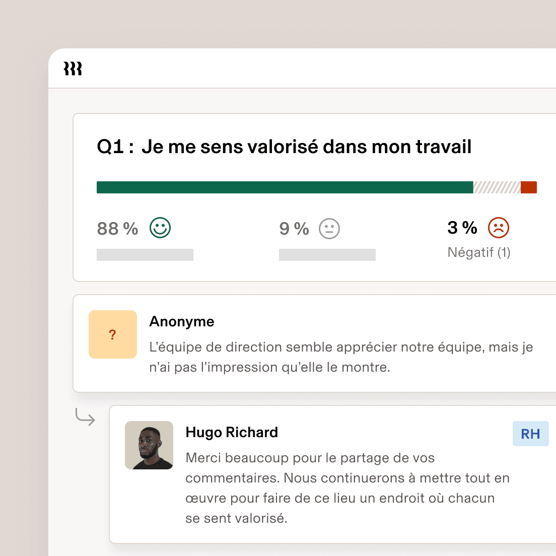 Sondage sur les retours des collaborateurs avec 88 % de réponses positives à la proposition « Je me sens apprécié(e) au travail », un commentaire anonyme et une réponse des RH.