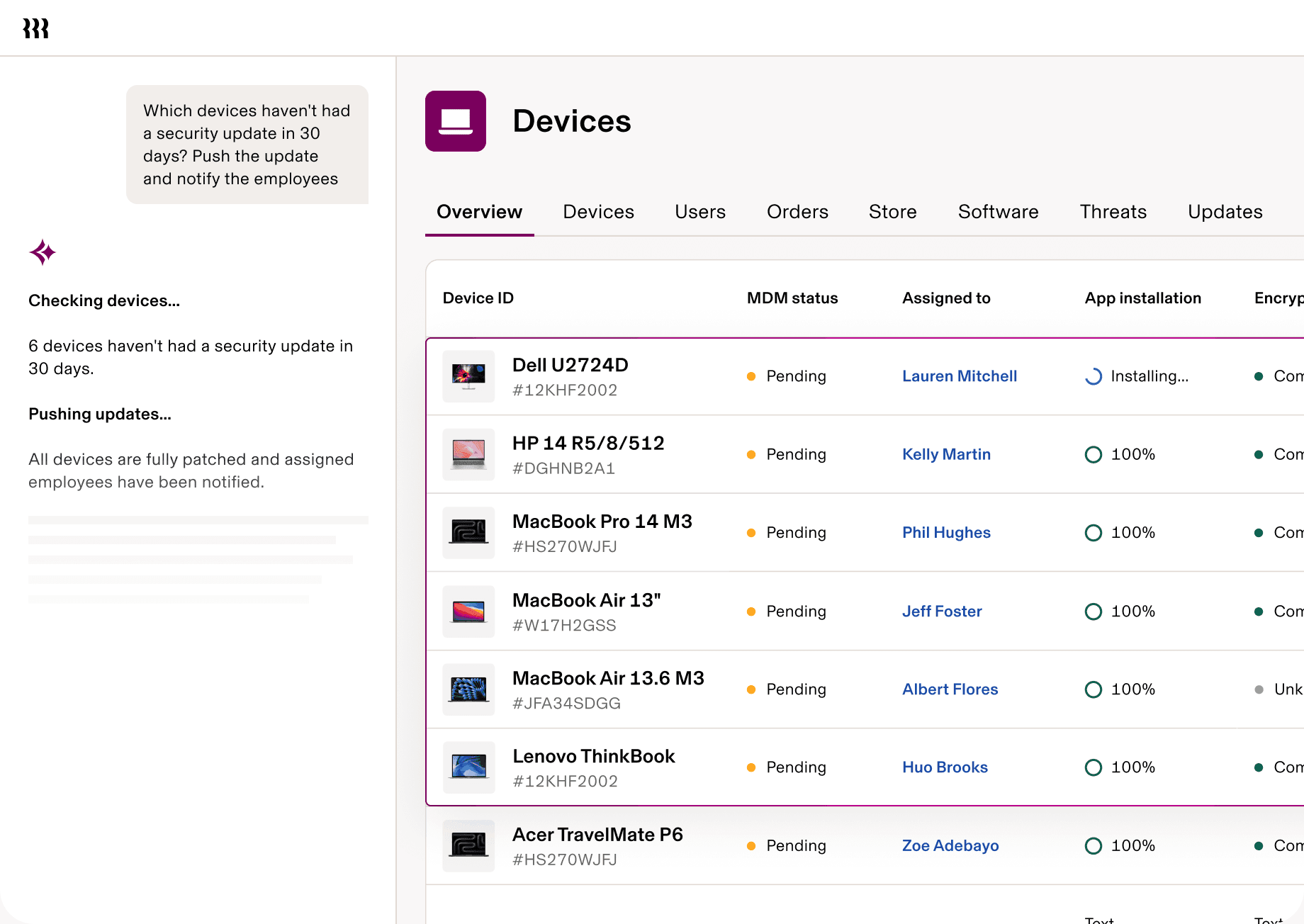 Screenshot of a device management dashboard in Rippling showing pending security updates across company laptops, with an automated workflow checking devices, pushing updates, and notifying employees