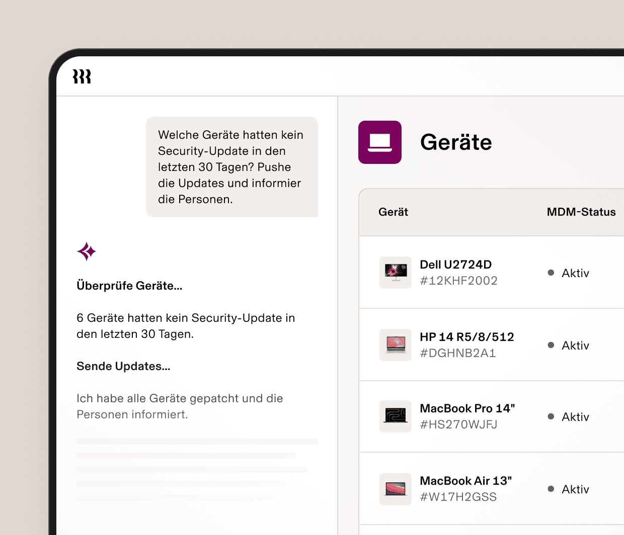 Screenshot of a device management dashboard in Rippling showing pending security updates across company laptops, with an automated workflow checking devices, pushing updates, and notifying employees