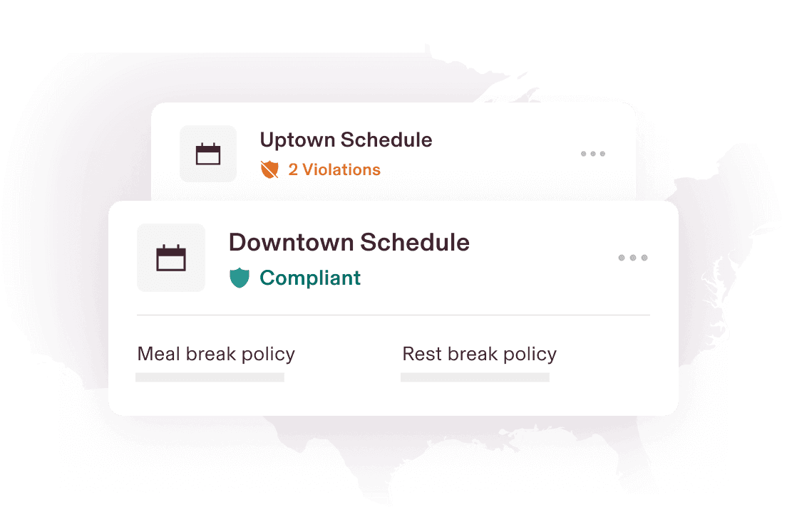 Example alerts in Rippling that say "Uptown Schedule: 2 Violations" and "Downtown Schedule: Compliant" for meal break policy and rest break policy, superimposed over a silhouette of the United States
