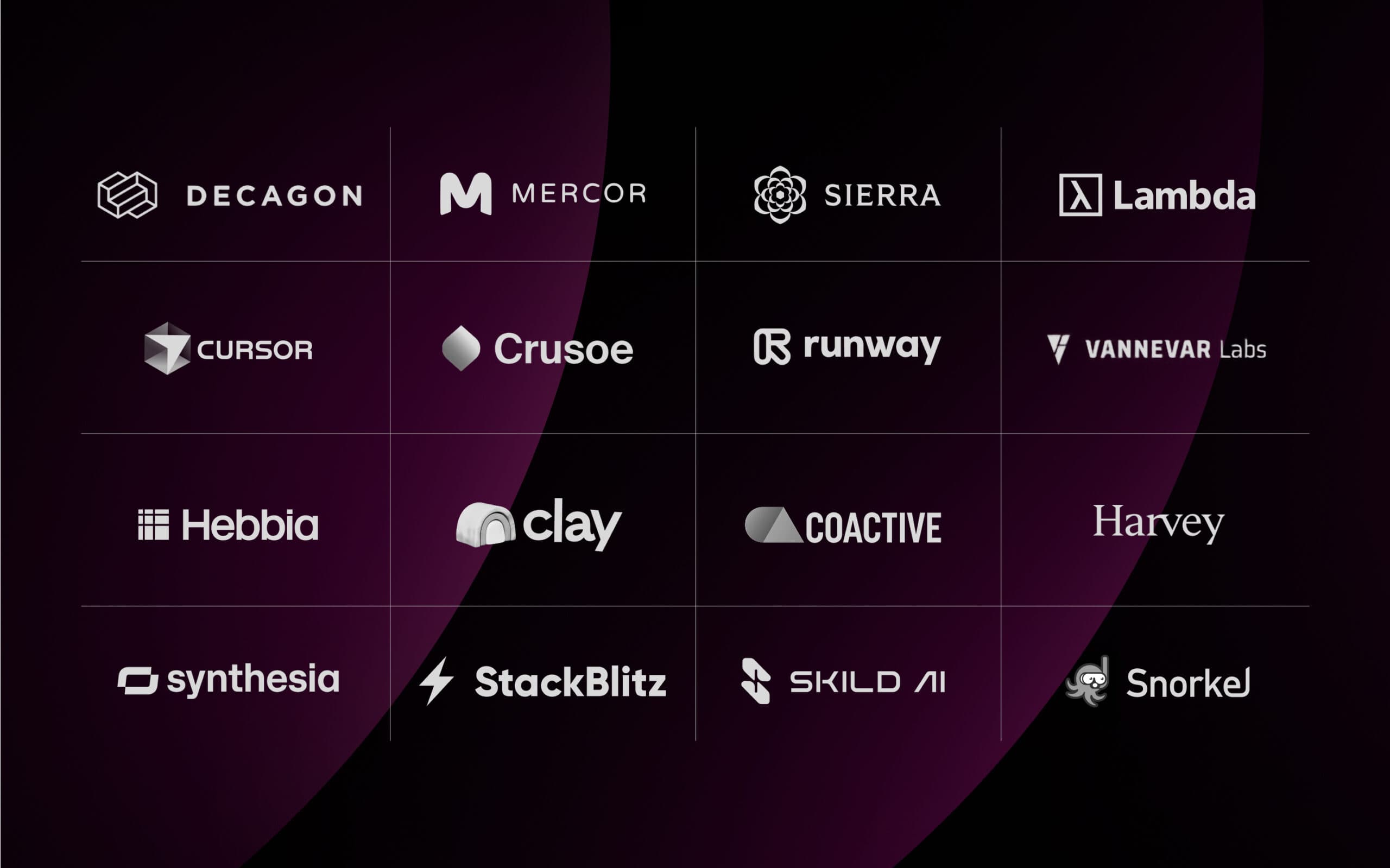 Une grille de 16 logos d’entreprises en démarrage
