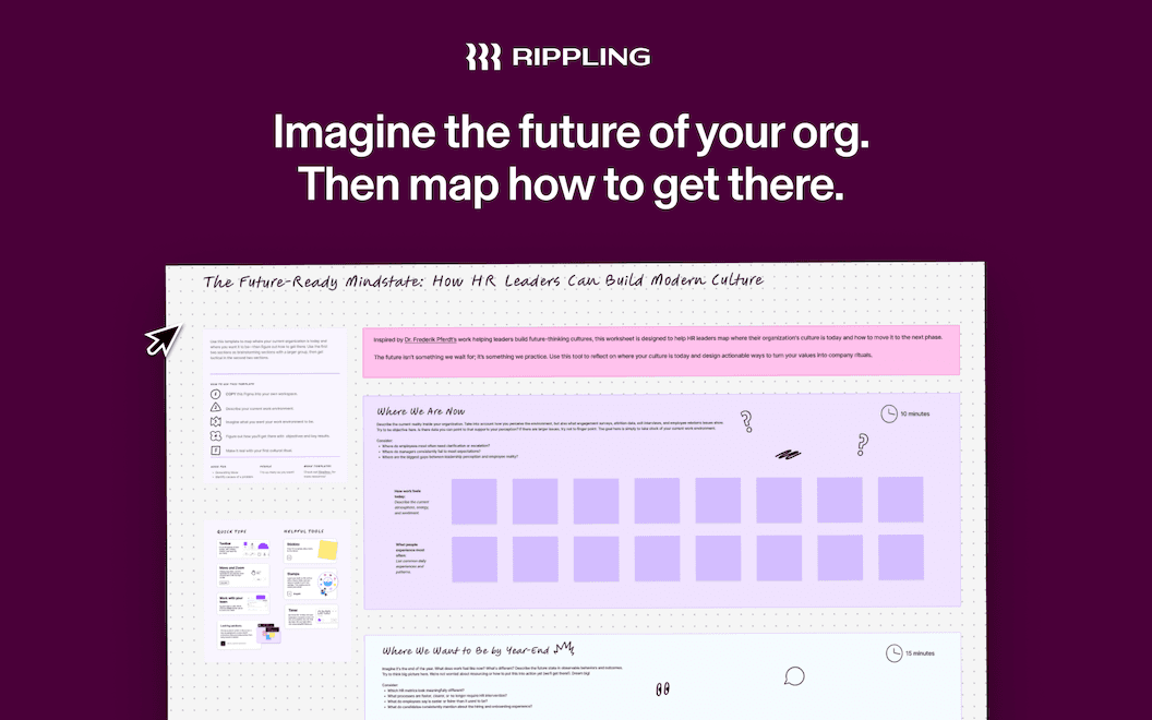 Rippling HR worksheet showing "The Future-Ready Mindstate" template with organizational culture mapping on purple background.
