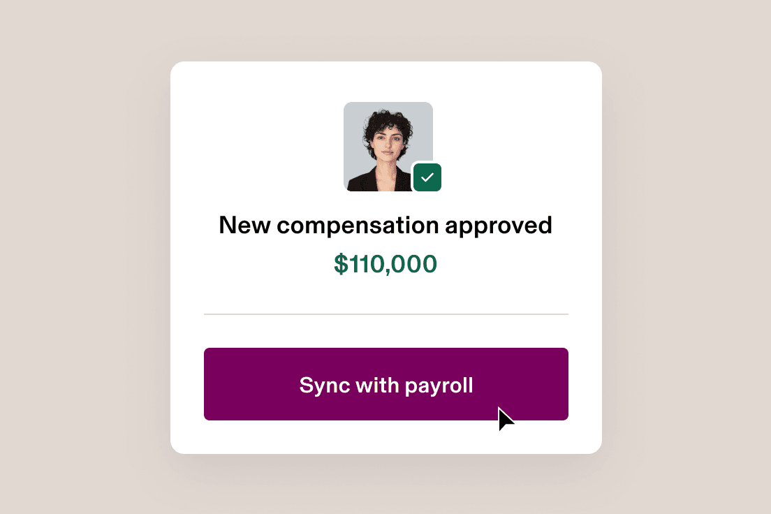 Compensation approval notification showing $110,000 USD with employee photograph and "Sync with payroll" button.