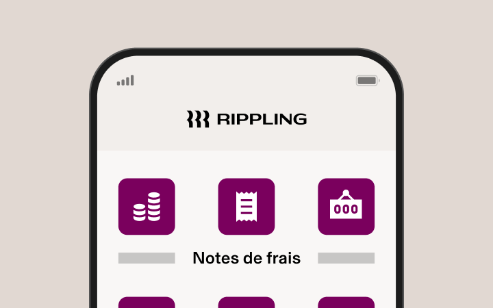 Smartphone sur lequel est affiché l’interface d’application Rippling avec des icônes violettes et la section « Dépenses » visibles sur un fond gris clair.
