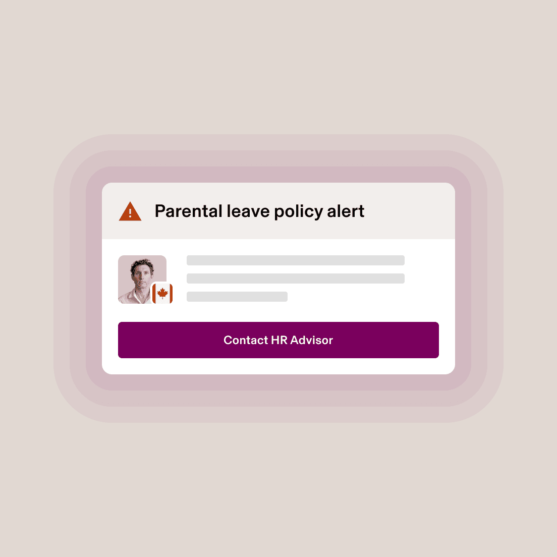 Notification d’alerte sur la politique en matière de congé parental avec le profil de l’employé et le drapeau canadien, incluant un bouton « Contacter un conseiller en RH »