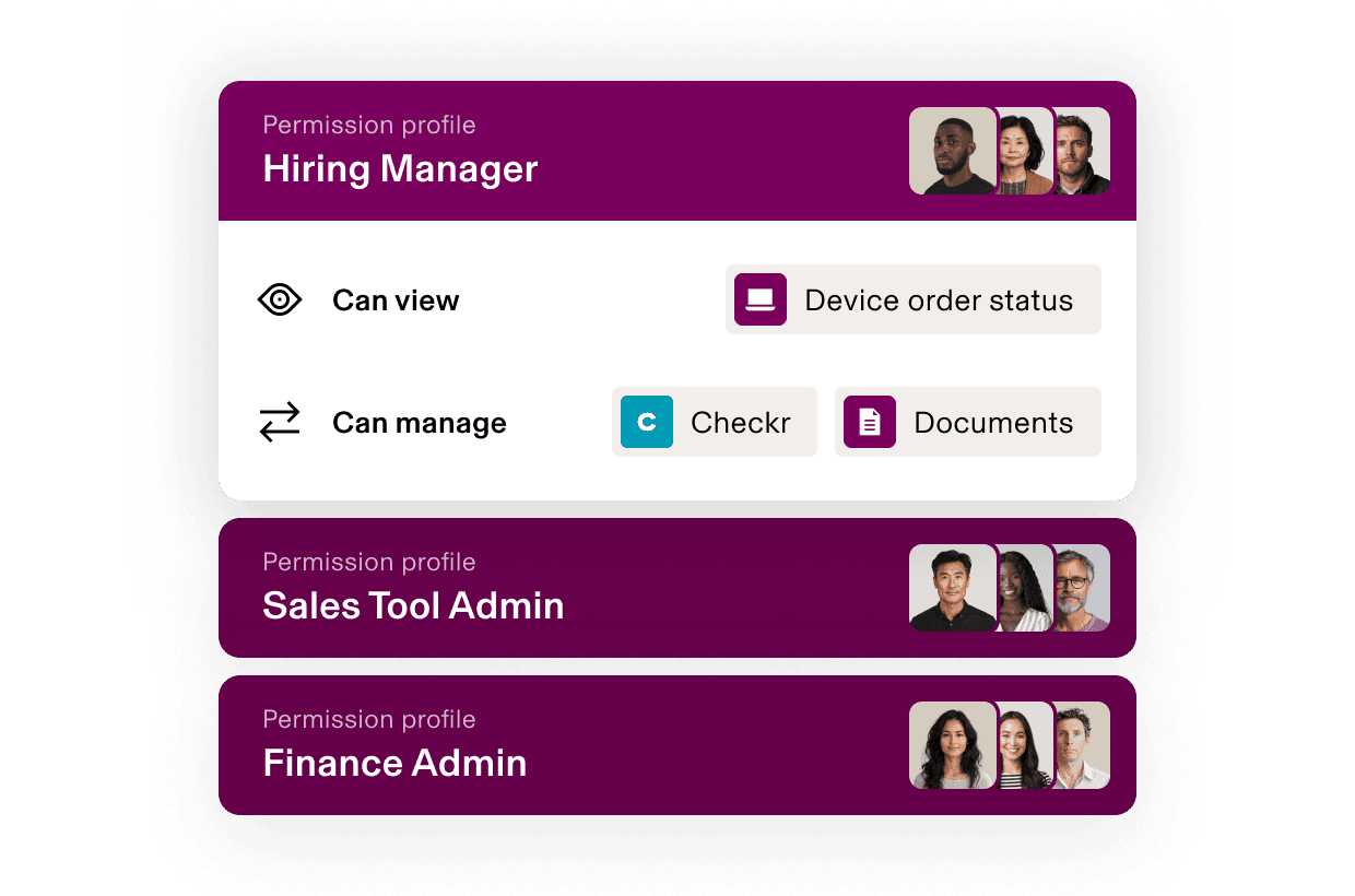 Permissions profiles interface showing Hiring Manager, Sales Tool Admin, and Finance Admin roles with their access privileges.