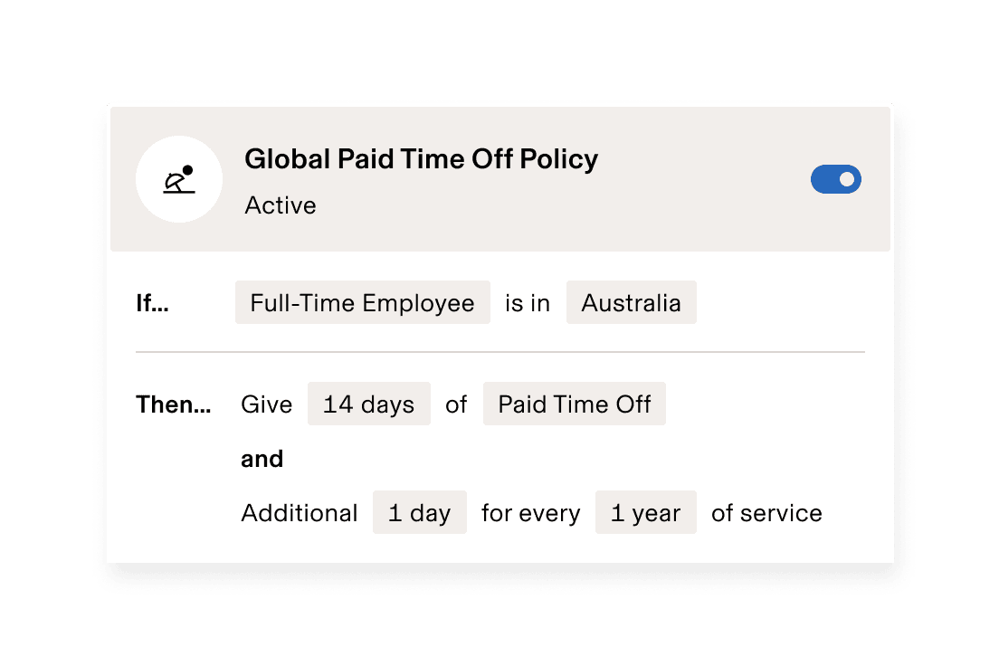 Global Paid Time-Off Policy showing 14 days PTO for full-time US employees plus one additional day for each year of tenure.