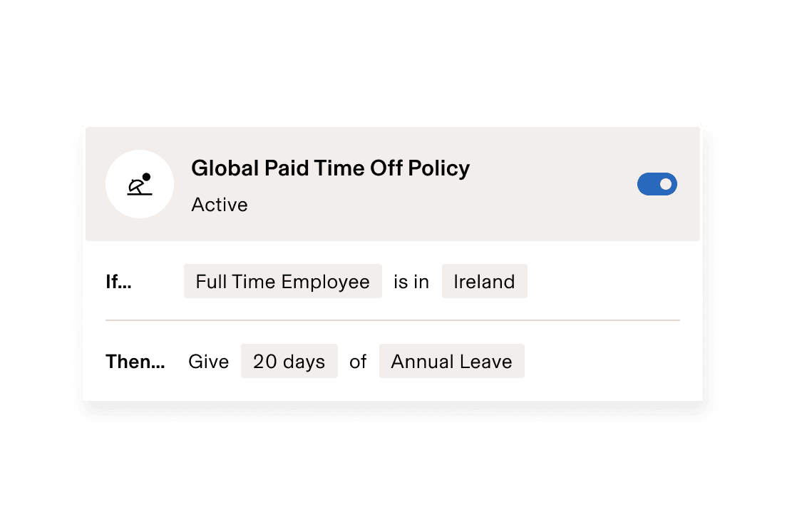 Global Paid Time Off Policy showing 14 days PTO for full-time US employees plus 1 additional day for each year of tenure.