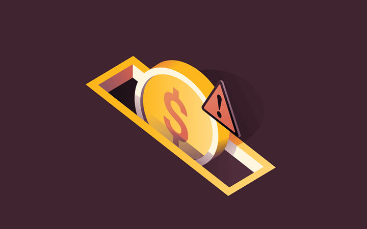 Graphic illustration of a coin entering a slot and a warning sign with an exclamation point