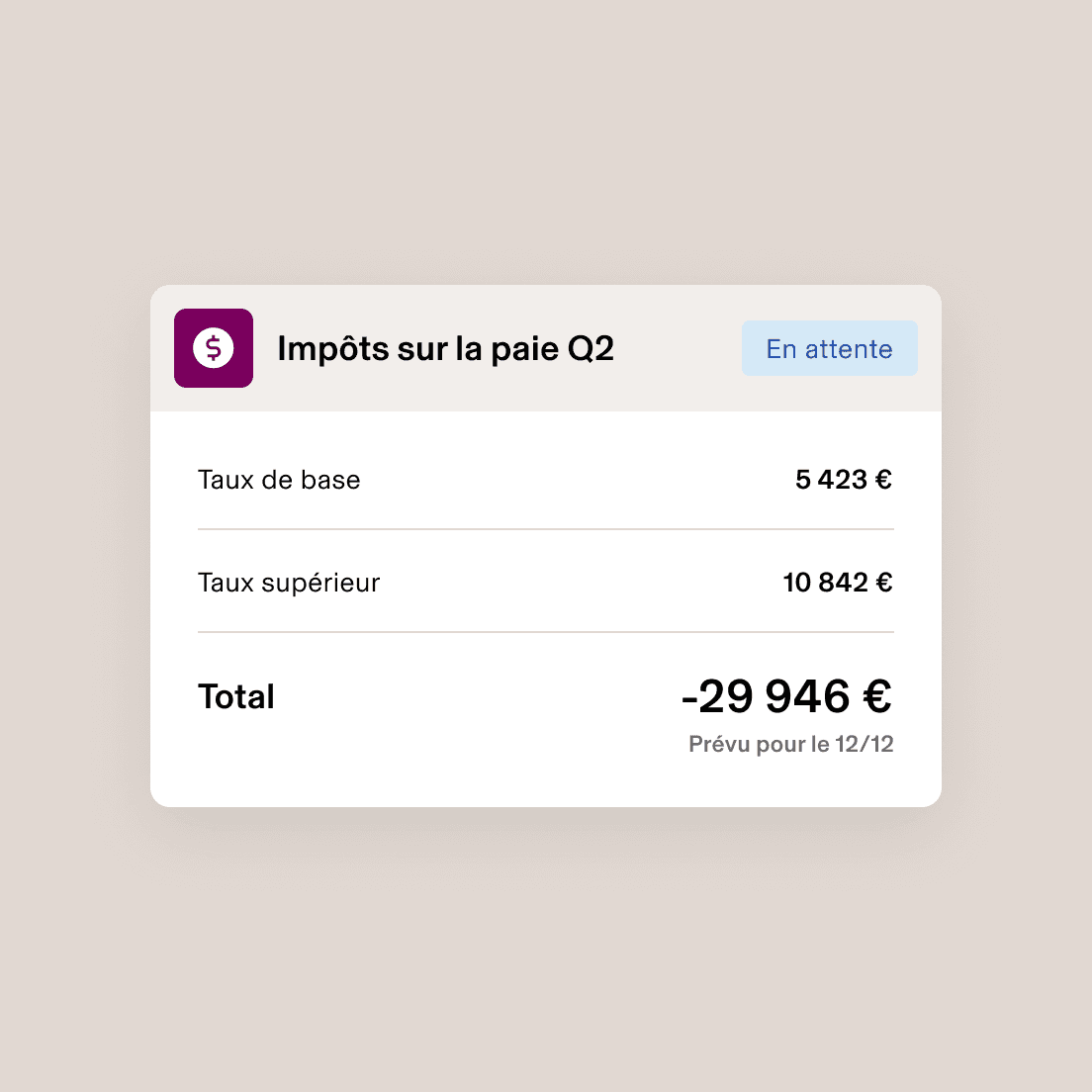 Capture d’écran d’une carte intitulée « Cotisations sociales T2 » indiquant les impôts provinciaux et fédéraux, ainsi que leur total