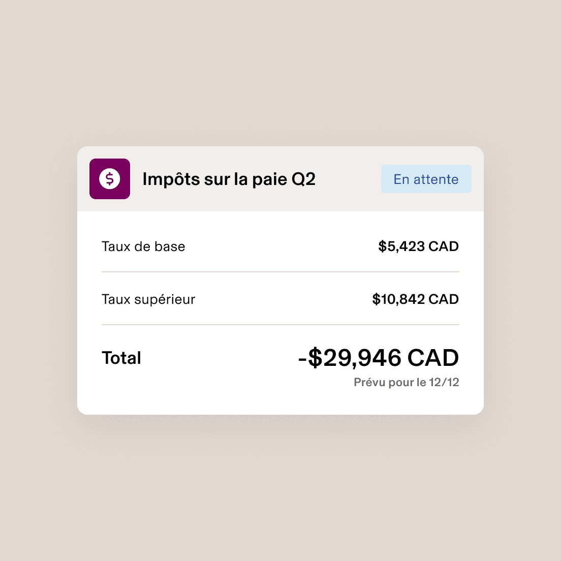 Capture d’écran d’une carte intitulée « Impôts sur la masse salariale du T2 » énumérant les impôts provinciaux et fédéraux et la somme des deux