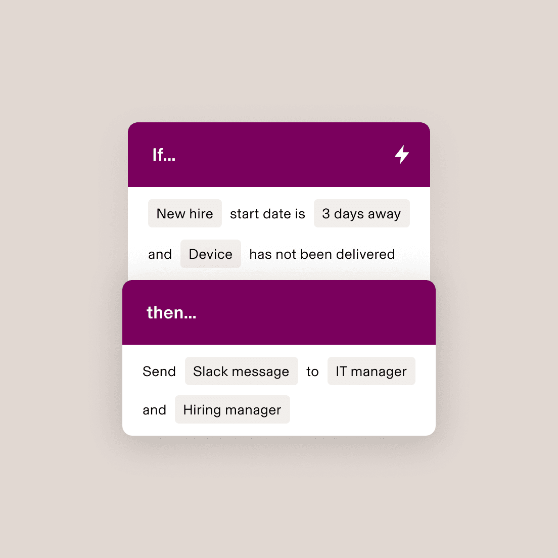 Automatisierungs-Workflow mit der Bedingung, dass T- und Hiring Manager per Slack zu benachrichtigen sind, wenn ein neu eingestellter Mitarbeiter, der in drei Tagen anfängt, kein Gerät erhält.