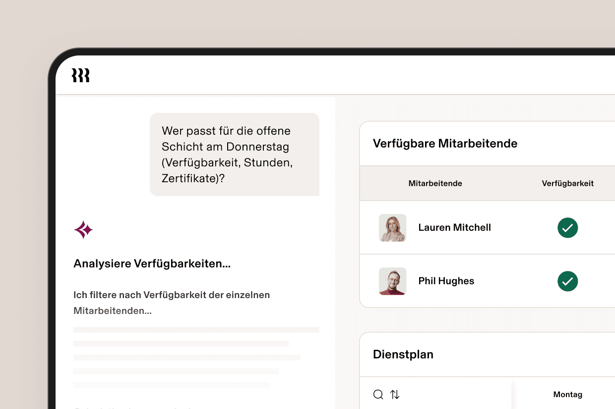 Screenshot einer Ansicht zur Personalplanung in Rippling mit AI-gestützter Mitarbeiterauswahl für eine offene Schicht, basierend auf Verfügbarkeit, Arbeitszeiten und Zertifizierungen